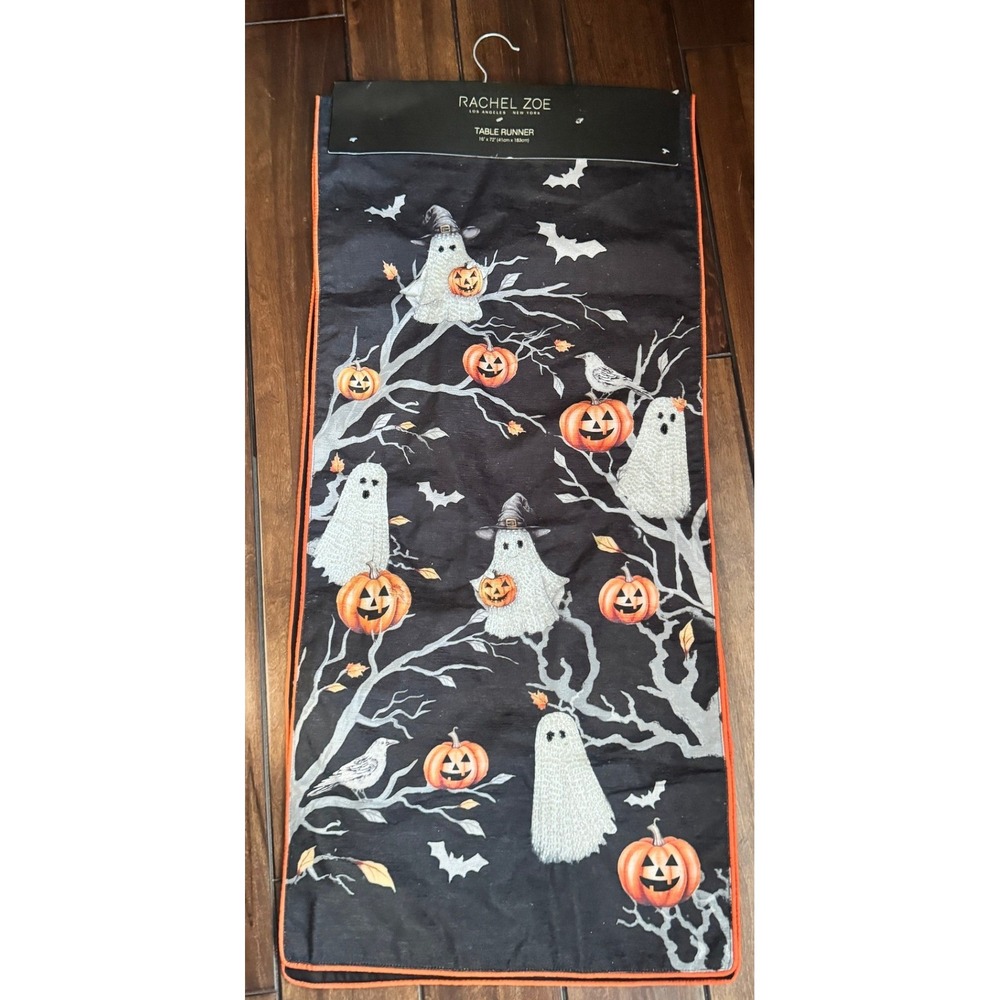 Rachel Zoe Halloween Table Runner Ghosts Pumpkins Bats Orange Border 16x72 NEW